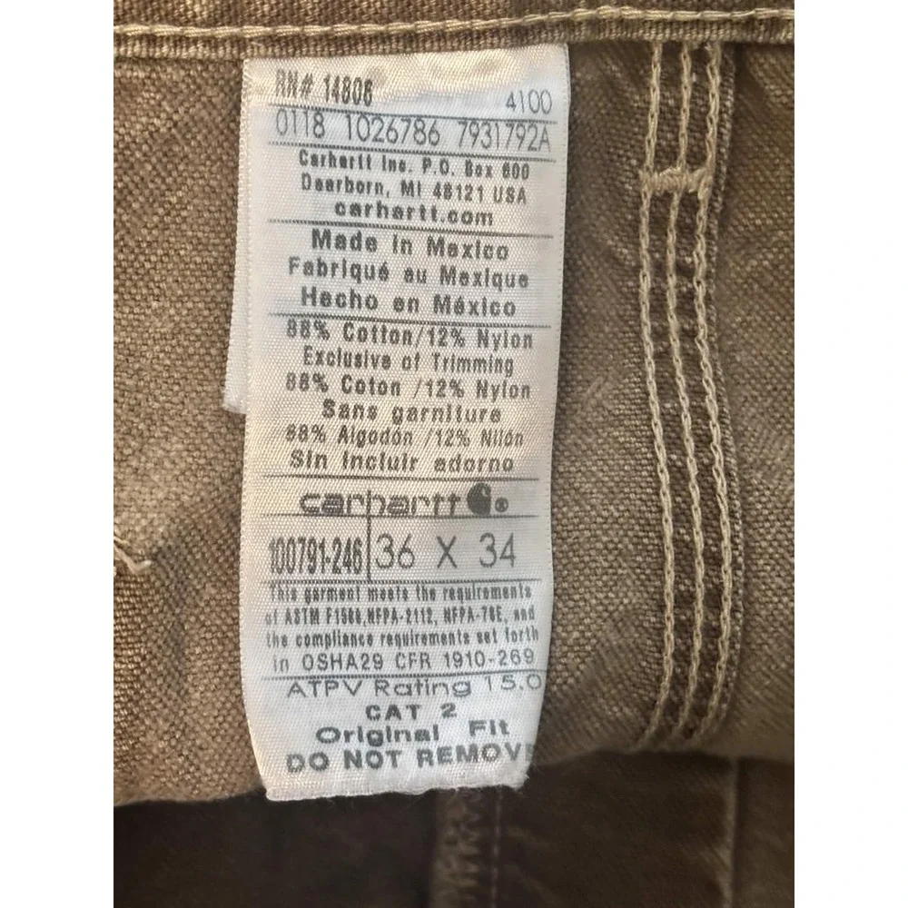 Carhartt FR Jeans 36x34 Actual 35x31 Original Fit Khaki Tan Distressed CAT 2